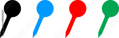 Push pin icon set. Attach button on needle, pinned office thumbtack and paper push pin. Vector illustration.