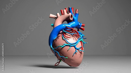 Realistic 3d animation of a human heart rotating, displaying arteries and veins on a neutral background