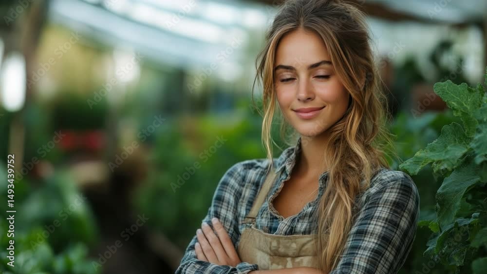 A serene and content young woman, her eyes gently closed, stands amidst a vibrant greenhouse, surrounded by lush greenery, embracing the peaceful atmosphere. A serene and content young woman, her eyes gently closed, stands amidst a vibrant greenhouse, surrounded by lush greenery, embracing the peaceful atmosphere.