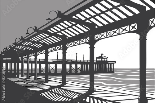  architectural pier with trellis over water, long exposure, high detail, dramatic lighting, black and white, cinematic, moody, atmospheric