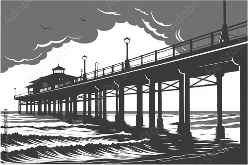  architectural pier with trellis over water, long exposure, high detail, dramatic lighting, black and white, cinematic, moody, atmospheric
