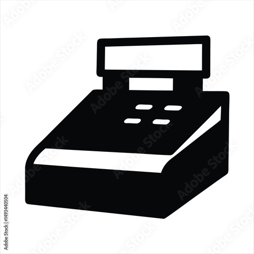 Black and white illustration of a vintage cash register machine icon