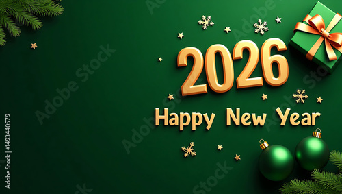 Wallpaper Mural Green and Gold 2026 New Year Greeting with Ornaments and Gift Box, Elegant 2026 New Year Green Poster, Happy New Years Eve 2026 Torontodigital.ca