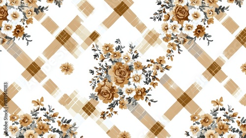 Elegant Floral Pattern with Geometric Shapes in Warm Tones for Textile and Wallpaper Design