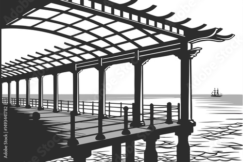  architectural pier with trellis over water, long exposure, high detail, dramatic lighting, black and white, cinematic, moody, atmospheric