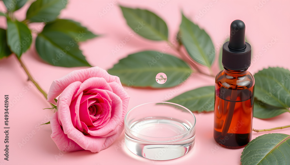 Cosmetic beauty concept with rose, rosehip flower and green leafbottle serum, drops and petri dish on pink background. with white shades Cosmetic beauty concept with rose, rosehip flower and green leafbottle serum, drops and petri dish on pink background. with white shades