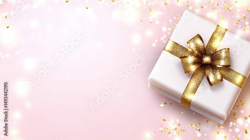 Elegant Gift Box with Shimmering Gold Ribbon on a Soft Pink Background with Glittering Effects