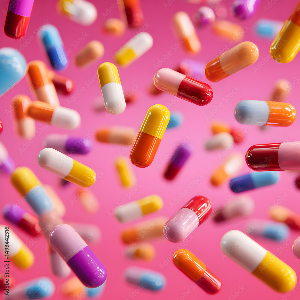 Colorful capsules floating against a vibrant pink background in a dynamic display of health and wellness products Colorful capsules floating against a vibrant pink background in a dynamic display of health and wellness products