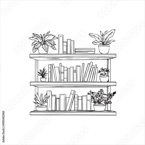 Printsingle line art illustration of vintage books on bookshelf in minimal outline style