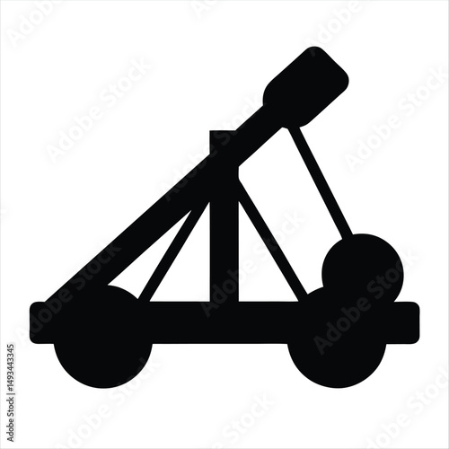 Black silhouette of a medieval catapult siege engine on white background