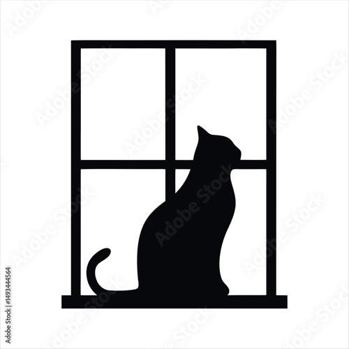 Silhouette of a cat sitting in a window frame looking outside peacefully