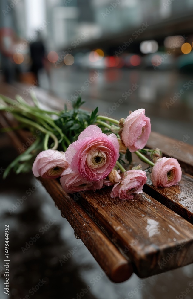 Obraz premium Pink ranunculus flowers resting on wet wooden bench