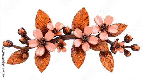 Elegant floral design featuring pink blossoms and vibrant orange leaves on a white background