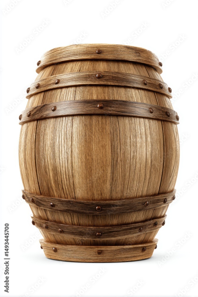 Obraz premium Rustic wooden barrel isolated on white background studio shot close up front view storage container aged oak cask