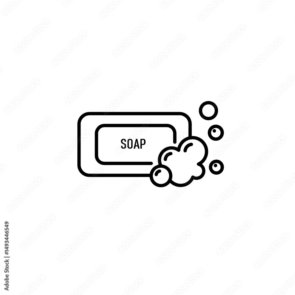 A bar of soap with bubbles and label in outline style. Editable SVG. A bar of soap with bubbles and label in outline style. Editable SVG.