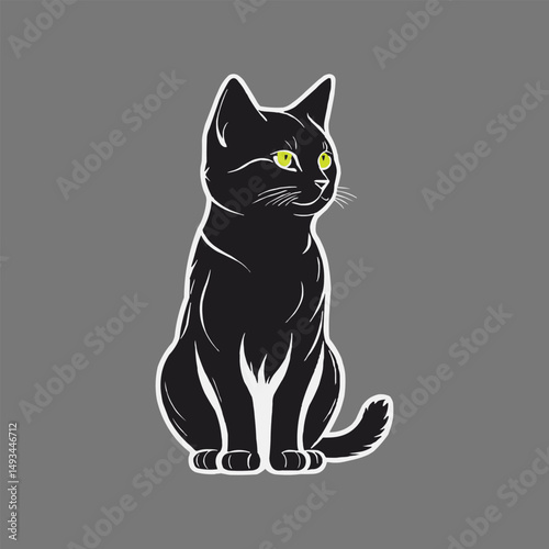 Black Sitting Cat with Vibrant Green Eyes in a Vector Silhouette Design