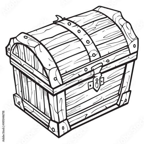 Vintage Treasure Chest Illustration with Detailed Wooden Design, Treasure chest with gold coins sketch icon