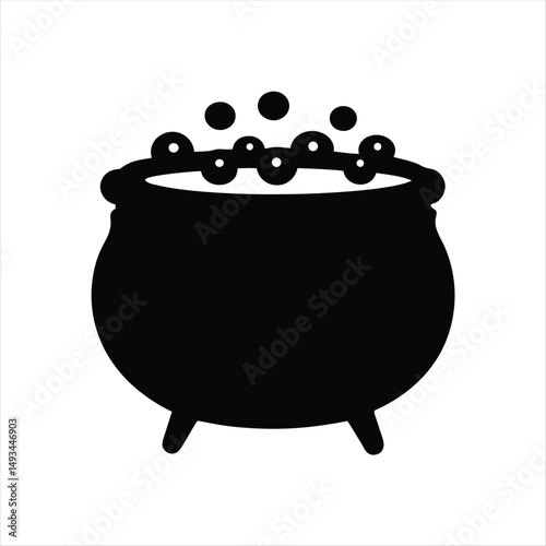 Black silhouette of a bubbling cauldron with three legs on white