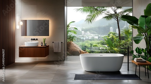 Serene luxury bathroom oasis with freestanding tub and sweeping urban landscape view