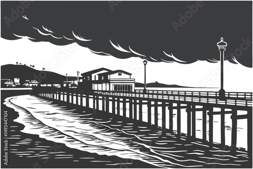  architecture, seascape, black and white, long exposure, pier, overwater, moody atmosphere, minimalist, dramatic lighting, coastal town, industrial, textured, gritty