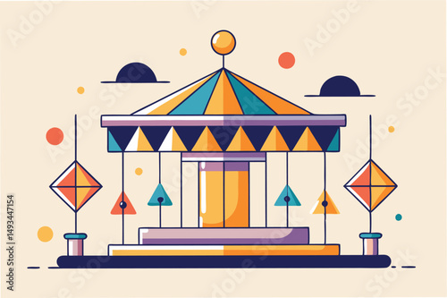 Colorful vector illustration of a whimsical carousel with a striped canopy, set against a dreamy background of celestial planets and soft clouds