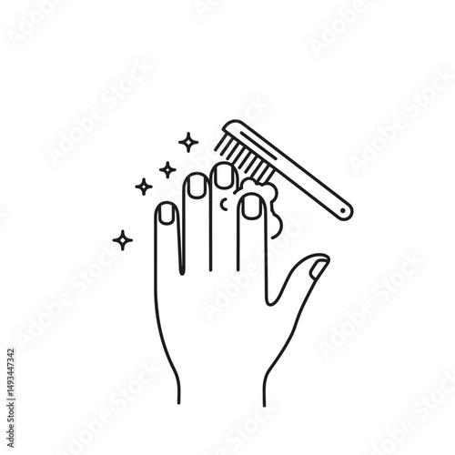 Washing hands with soap and cleaning nails in minimalist style. Editable SVG.