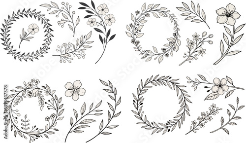 black and white floral elements,Vector vintage wreaths. Collection of trendy cute floral frames. Graphic design elements for wedding cards, prints, decoration, greeting cards.