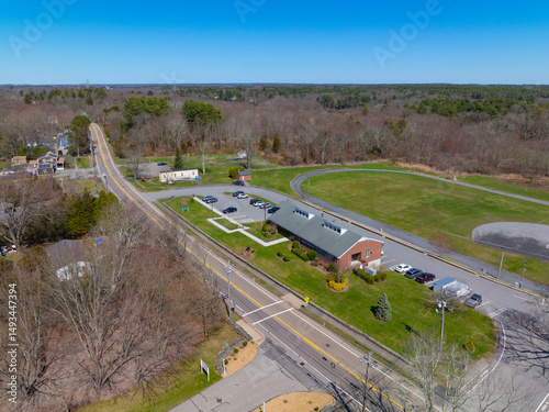 Dighton historic town center aerial view including Town Hall on Somerset Avenue in spring, Dighton, Massachusetts MA, USA.  photo