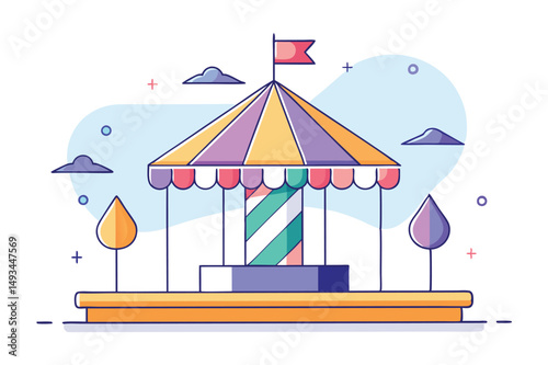 Colorful vector illustration of a whimsical carousel with a striped canopy, set against a dreamy background of celestial planets and soft clouds