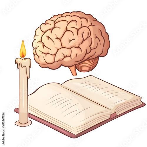 A cartoon brain journaling with soft candlelight, self-reflection visual, isolated on transparent background 