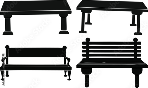 Vector illustrations of benches and tables in a classic outdoor park furniture style