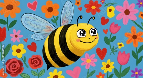 Cartoon Bee in Flower Garden Illustration