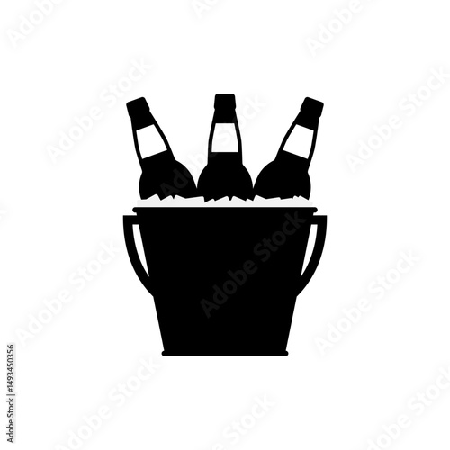 Black silhouettes of beer bottles in a metal bucket with handles and ice cubes on a white background. Isolated vector icon and logo, flat illustration.