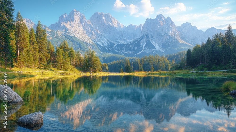 Fototapeta premium Serene alpine lake nestled amongst towering peaks