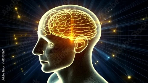 Brain Scan Human figure with visible brain on black with light effect