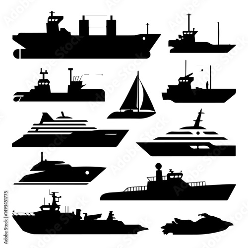 Set of black silhouette icons featuring various watercraft and sea creatures, including cargo ships, submarines, yachts, sailboats, jet skis, sharks, and naval vessels on a white background.