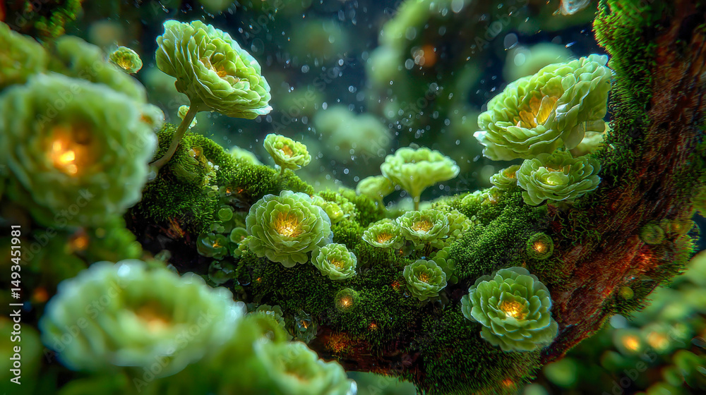 Fototapeta premium Abstract glowing botanical or fungal spheres with radiating light, floating in an underwater mossy environment