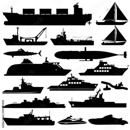 Set of black silhouette icons featuring various watercraft and sea creatures, including cargo ships, submarines, yachts, sailboats, jet skis, sharks, and naval vessels on a white background.
