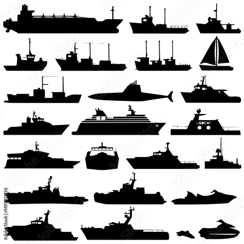 Set of black silhouette icons featuring various watercraft and sea creatures, including cargo ships, submarines, yachts, sailboats, jet skis, sharks, and naval vessels on a white background.