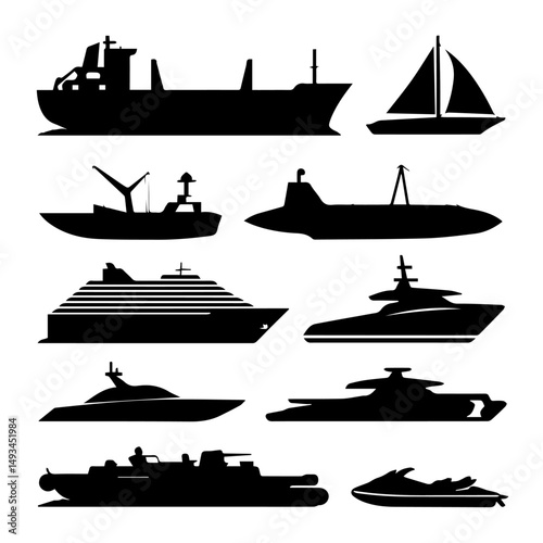 Set of black silhouette icons featuring various watercraft and sea creatures, including cargo ships, submarines, yachts, sailboats, jet skis, sharks, and naval vessels on a white background.