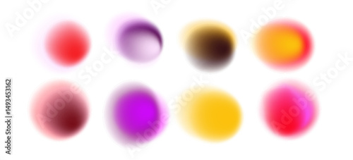 Vector illustration in neo-minimalist gradient style: soft, blurred, colorful circles on white background. Features red, yellow, pink, purple—reflecting a popular  trend in abstract digital design.