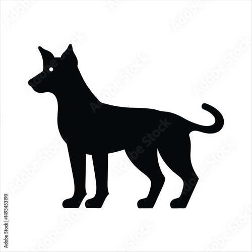 Silhouette of a standing dog with a curled tail and pointy ears