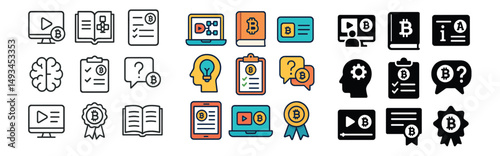 Crypto and tech icon collection: silhouette, linear, flat styles for digital design needs
