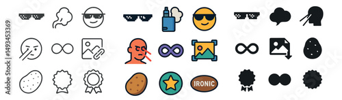 Emoticon and meme icons collection: silhouette, linear, and flat styles for fun designs