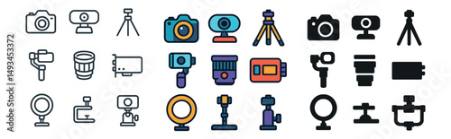 Photography and video icon collection: silhouette, linear and flat camera set