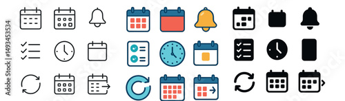 Calendar and reminder icon collection: silhouette, linear, flat styles. event planning set