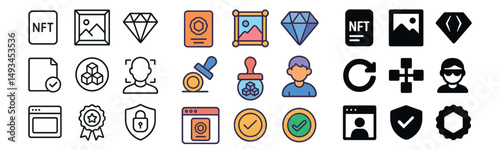 Nft and art icon collection: silhouette, linear, and flat styles for digital design