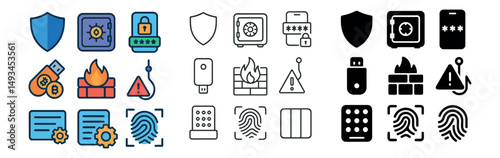 Cybersecurity and privacy icon collection: silhouette, linear, and flat styles