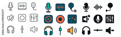 Audio and music icon collection: silhouette, linear, and flat styles for sound design