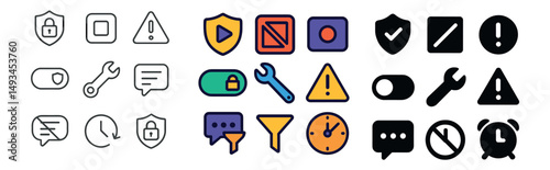 Security and tools icon collection: silhouette, linear, and flat styles for alerts and access